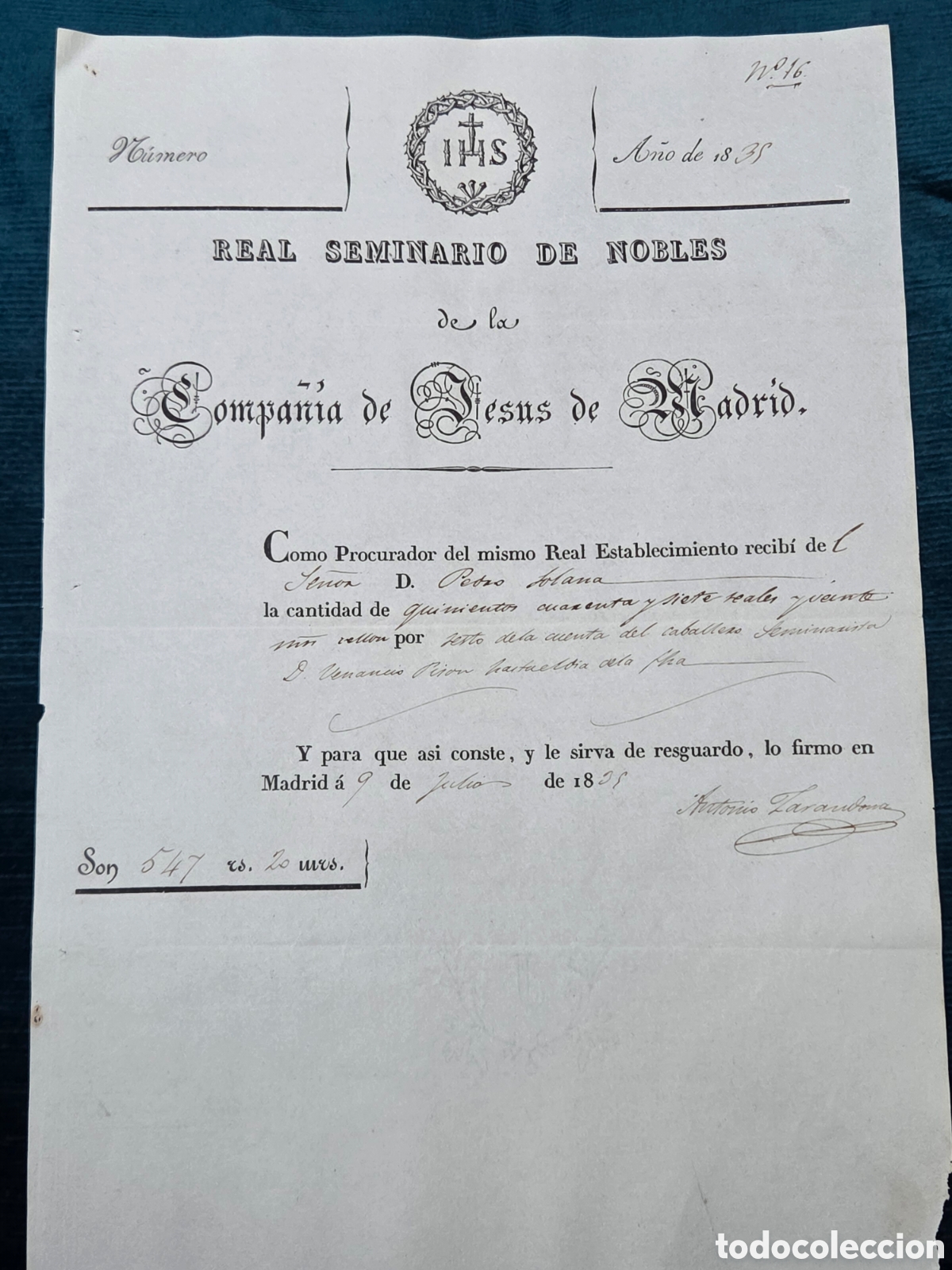Documentos antiguos: MADRID 1836 REAL SEMINARIO DE NOBLES COMPA&Ntilde;&Iacute;A DE JESUS RECIBO