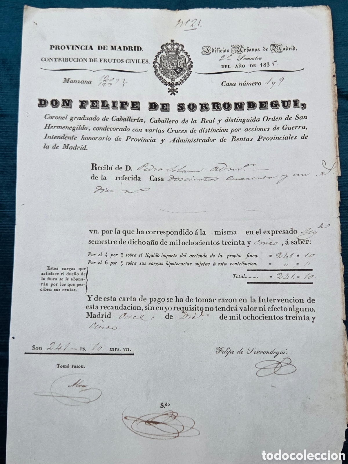 Documenti antichi: MADRID 1835 Recibo contribuci&oacute;n frutos civiles