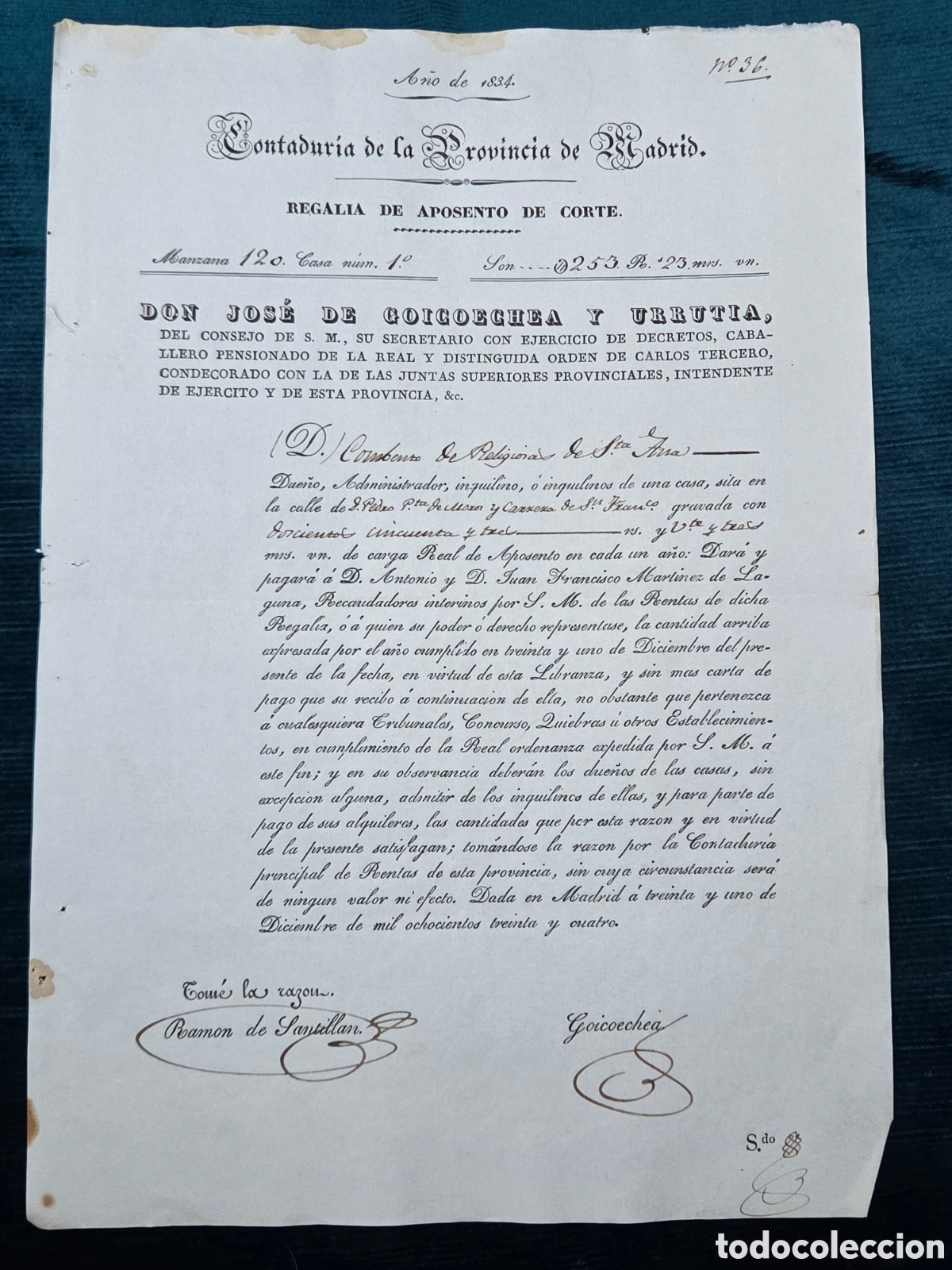 Alte Dokumente: MADRID 1834 REGAL&Iacute;A DE APOSENTO DE CORTE. DOCUMENTO