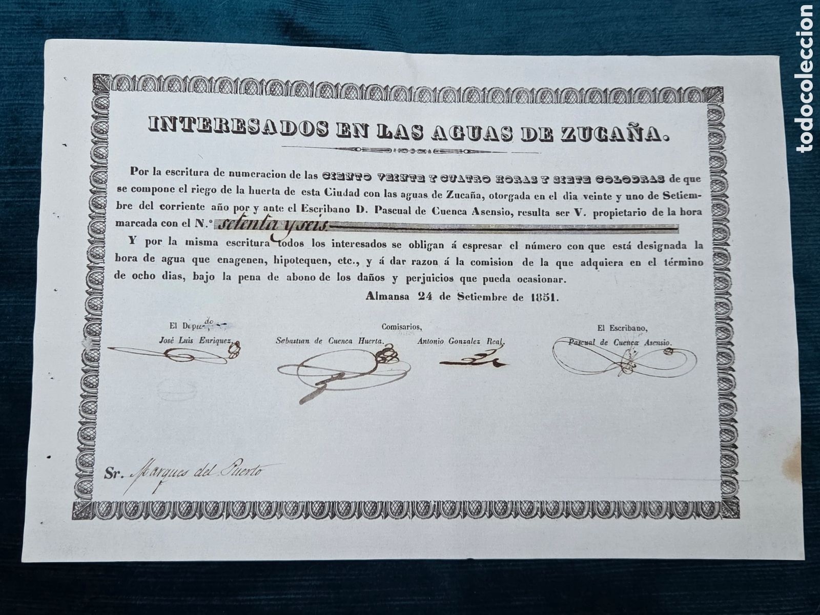 Documenti antichi: ALMANSA ALBACETE 1851. ESCRITURA DE DERECHOS DE RIEGO DE LAS AGUAS DE ZUCA&Ntilde;A.