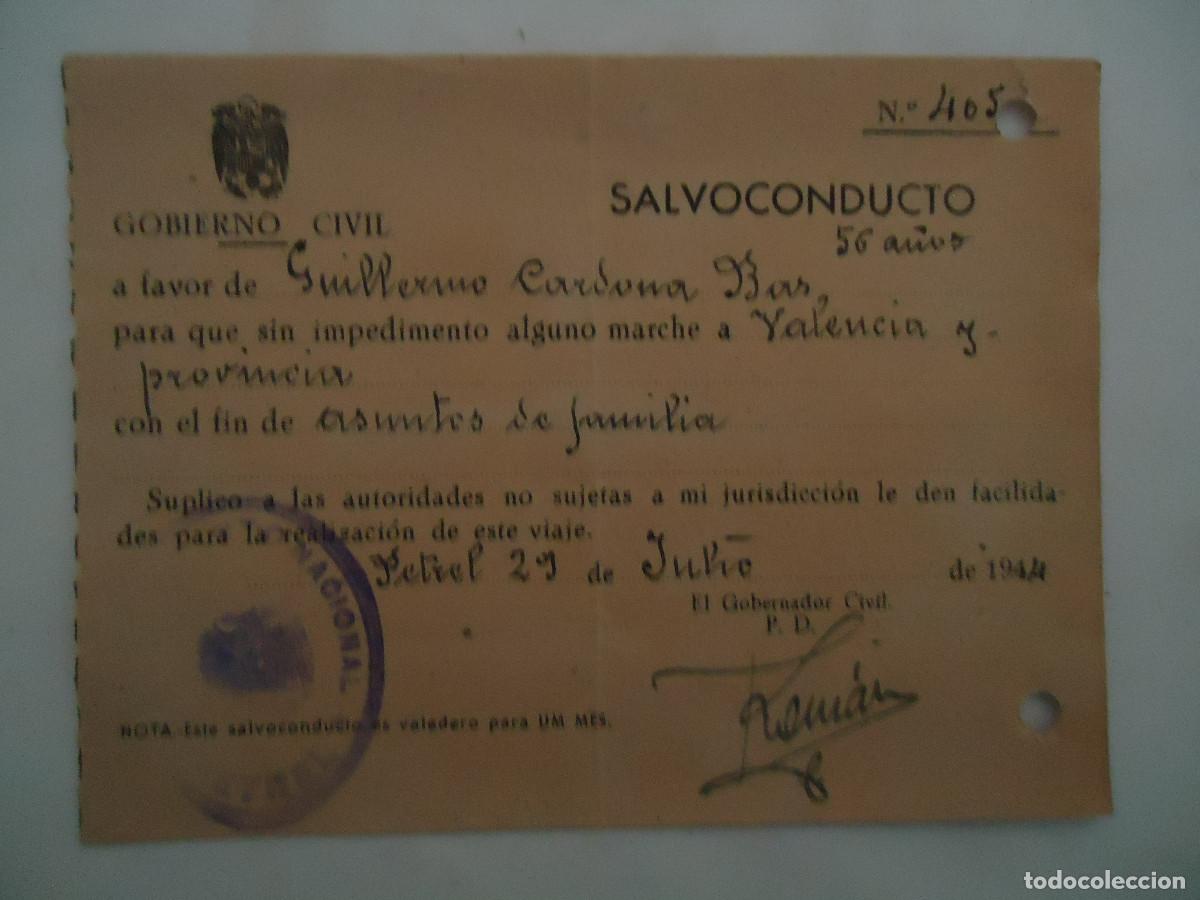Documentos antiguos: SALVOCONDUCTO DEL GOBIERNO CIVIL DE ALICANTE . PETREL A&Ntilde;O 1944. PP -13
