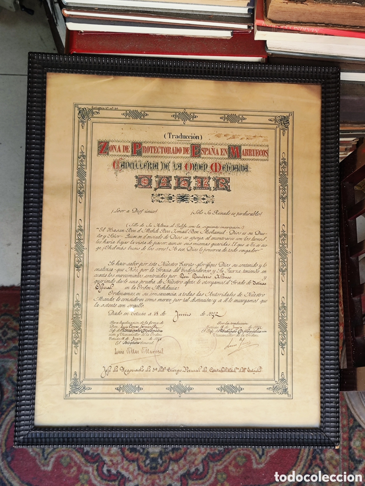 Documentos antiguos: T&Iacute;TULO CONCESI&Oacute;N, DAHIR, GRADO DE OFICIAL DE LA ORDEN MEHDAUIA,PROTECTORADO ESPA&Ntilde;OL EN MARRUECOS1932