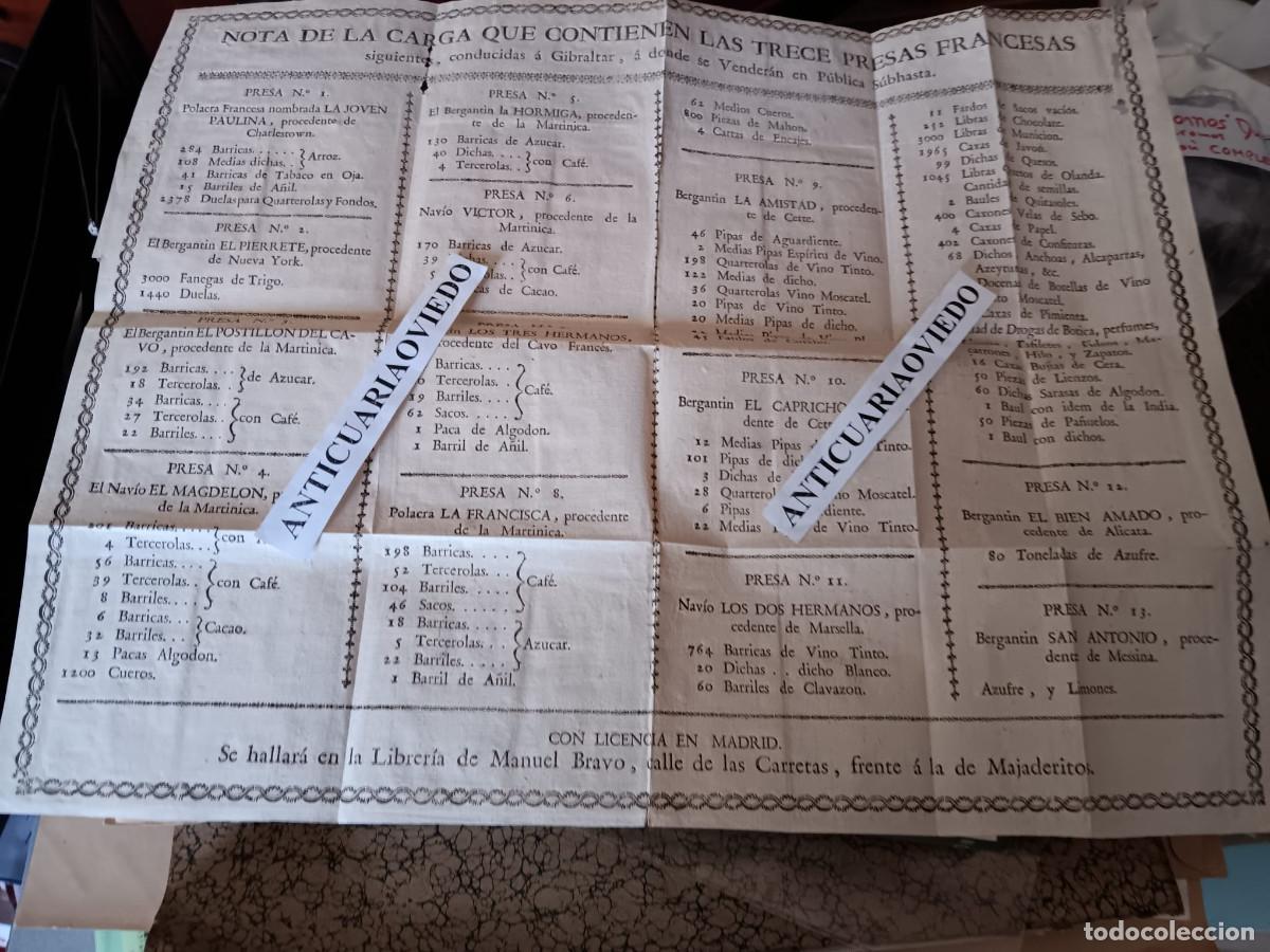Documentos antiguos: GUERRA DEL ROSELL&Oacute;N. CARGA DE LAS TRECE NAVES FRANCESAS APRESADAS Y SUBASTADAS EN GIBRALTAR. 1793-95