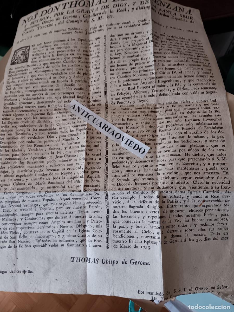 Documentos antiguos: GUERRA DEL ROSELL&Oacute;N. 1793. EXHORTACI&Oacute;N DEL OBISPO DE GERONA A LUCHAR CONTRA LOS FRANCESES