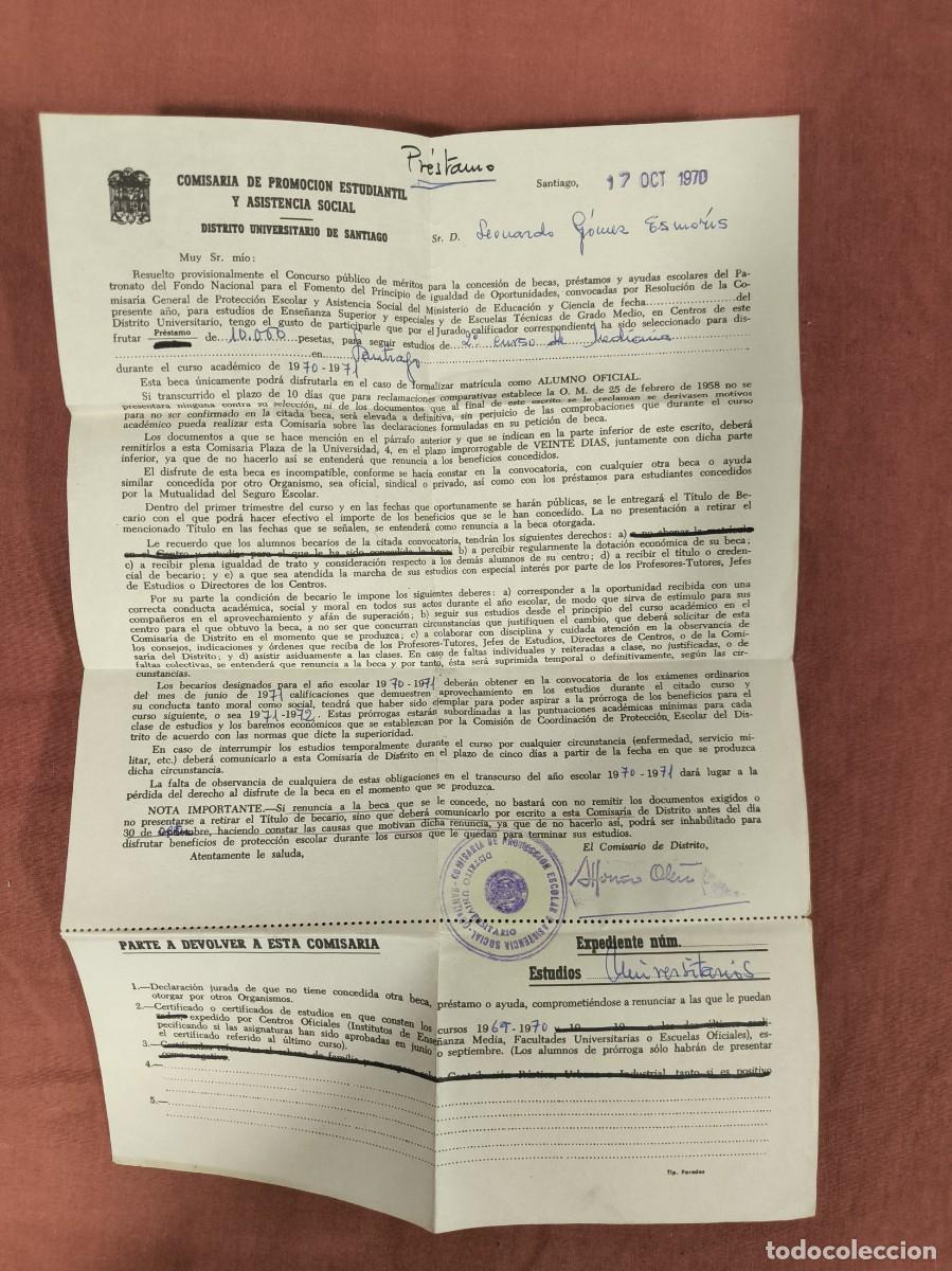 Old Documents: Carta Concesi&oacute;n Beca Pr&eacute;stamo 1970 Distrito Universitario Santiago &ndash; Medicina