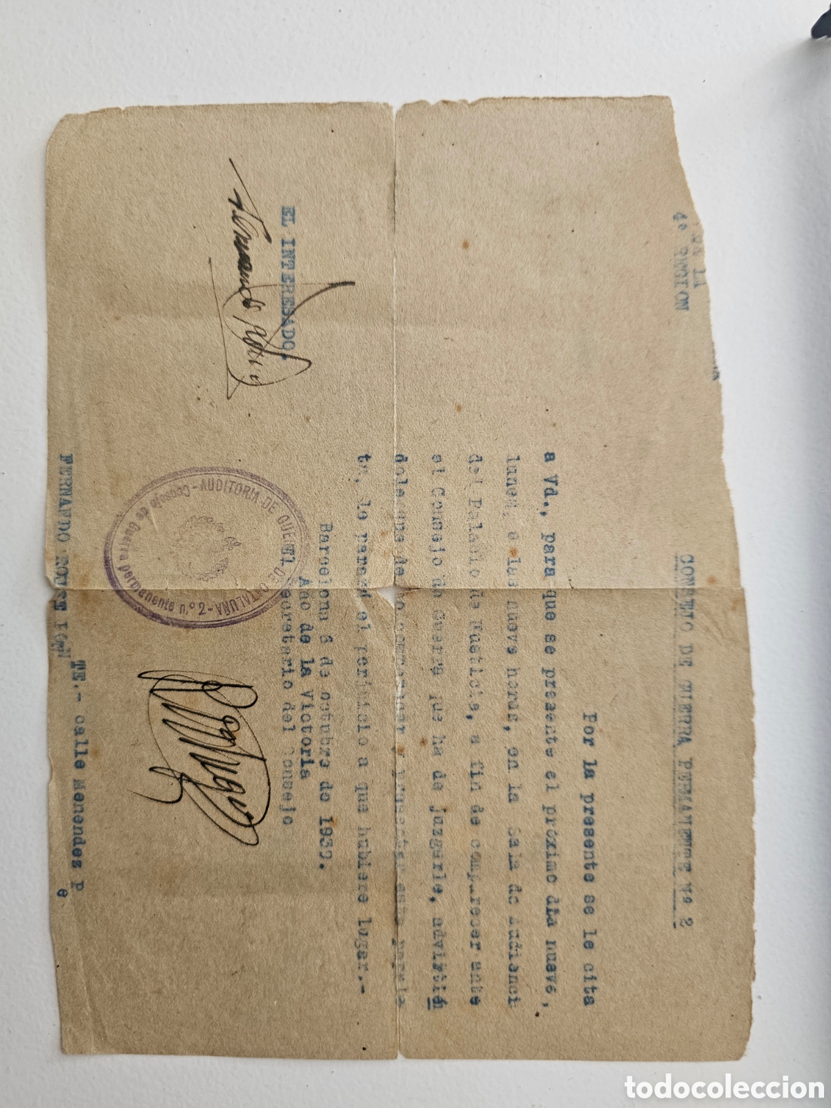 Documentos antiguos: Documento Consejo de Guerra Permanente N&ordm; 2 Barcelona, 1939 Civil Espa&ntilde;ola Fernando Rouse