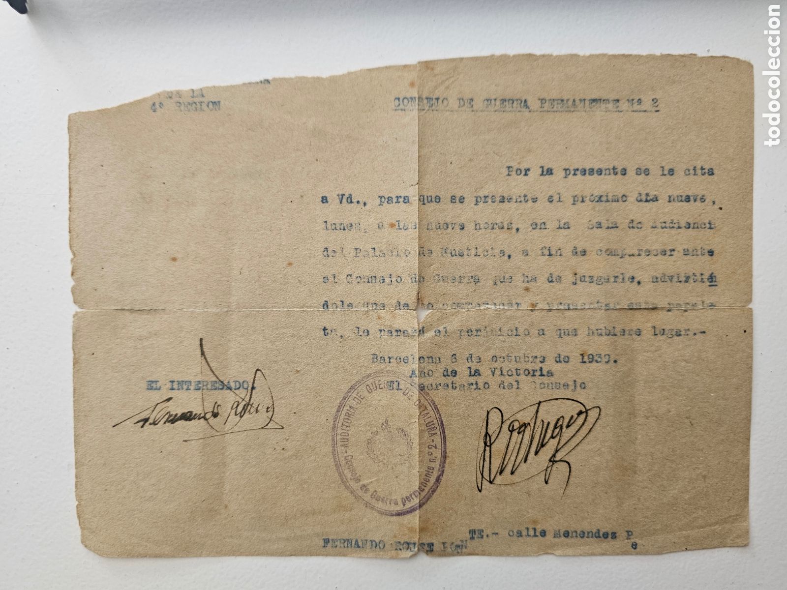 Documentos antiguos: Documento Consejo de Guerra Permanente N&ordm; 2 Barcelona, 1939 Civil Espa&ntilde;ola Fernando Rouse