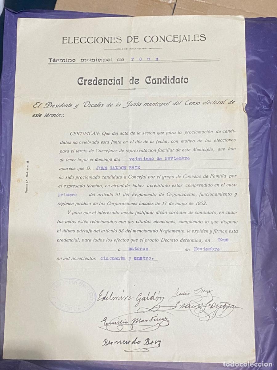 Documentos antiguos: ANTIGUO DOCUMENTO CREDENCIAL CANDIDATO ELECCIONES CONCEJALES TOUS