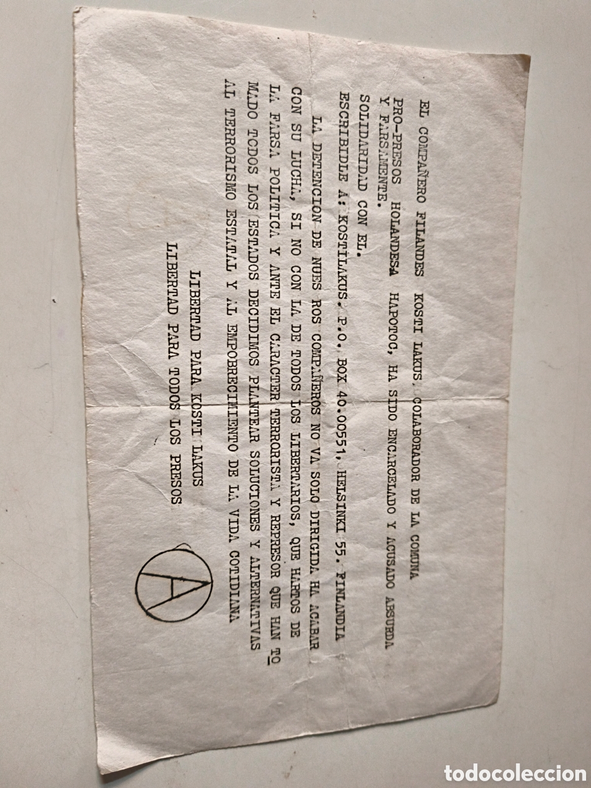 Documenti antichi: Documento Pol&iacute;tico: Libertad para Kosti Lakus