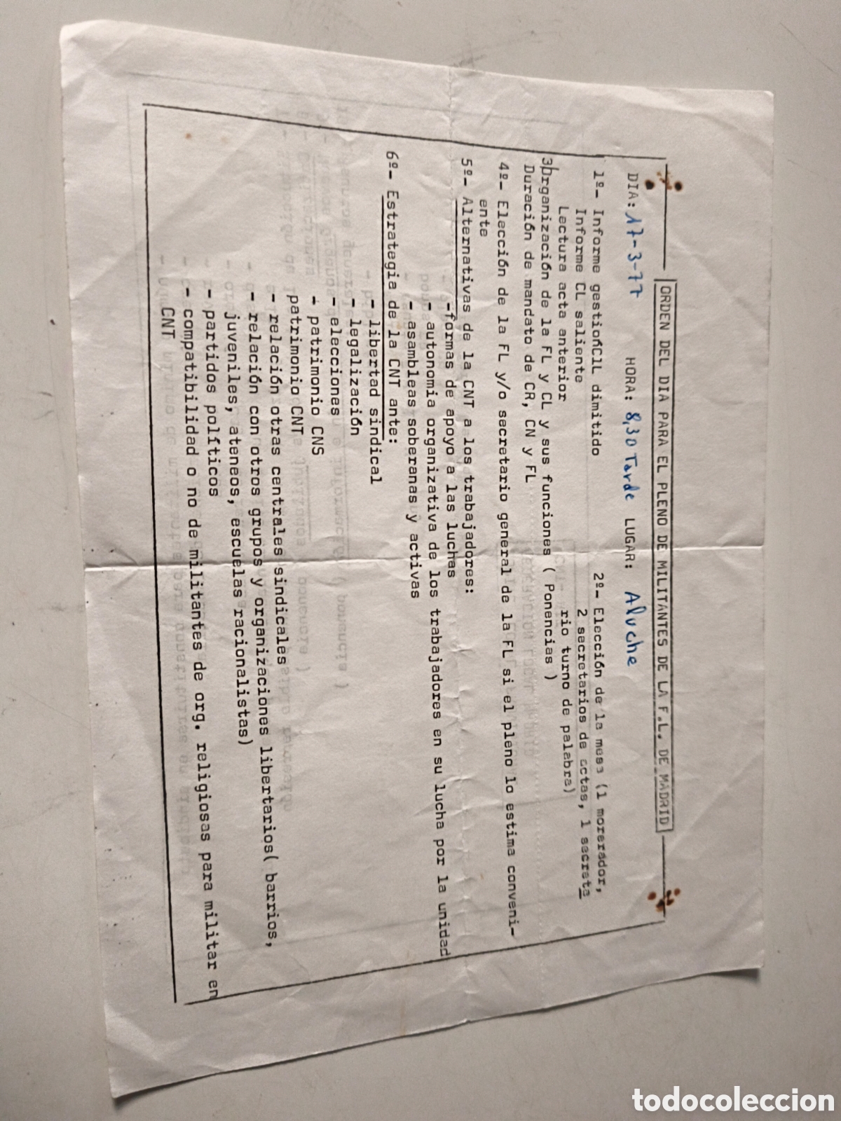 Documentos antigos: Documento Pol&iacute;tico: Orden del dia para el pleno de militantes de la FL CNT AIT