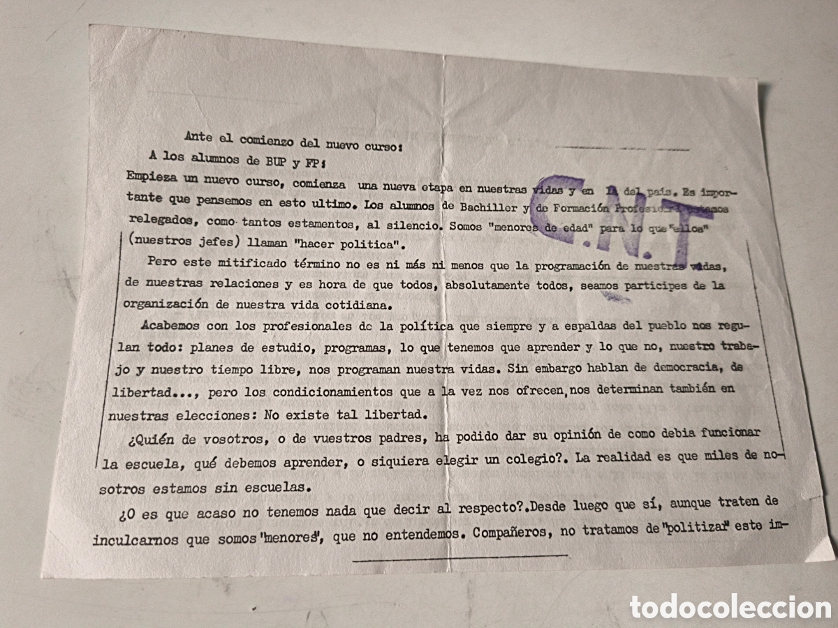 Documentos antigos: Documento Pol&iacute;tico: Sindicato de Ense&ntilde;anza CNT