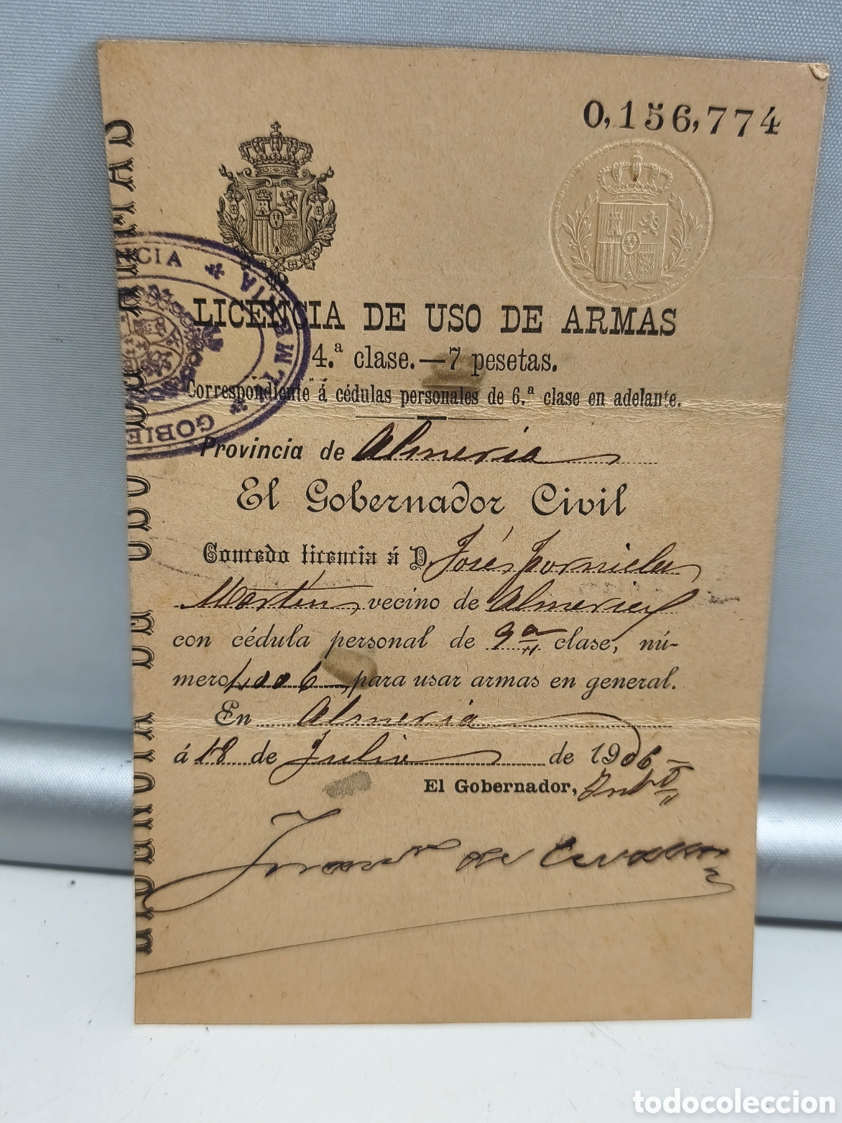 Documenti antichi: LICENCIA DE USO DE ARMAS. PROVINCIA DE ALMERIA. A&Ntilde;O 1906