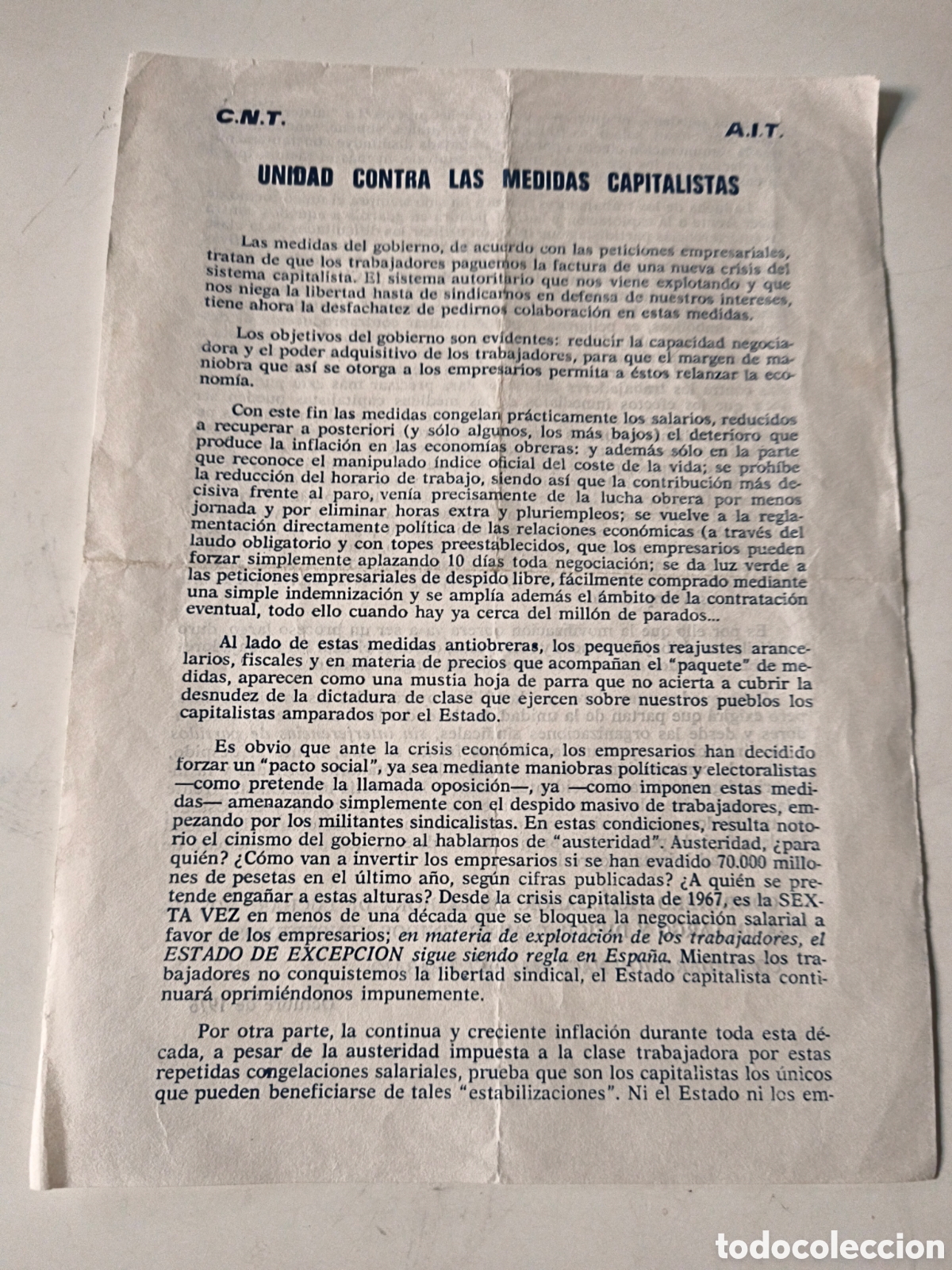 Documentos antigos: Documento Pol&iacute;tico: Unidad contra las medidas capitalistas. CNT AIT