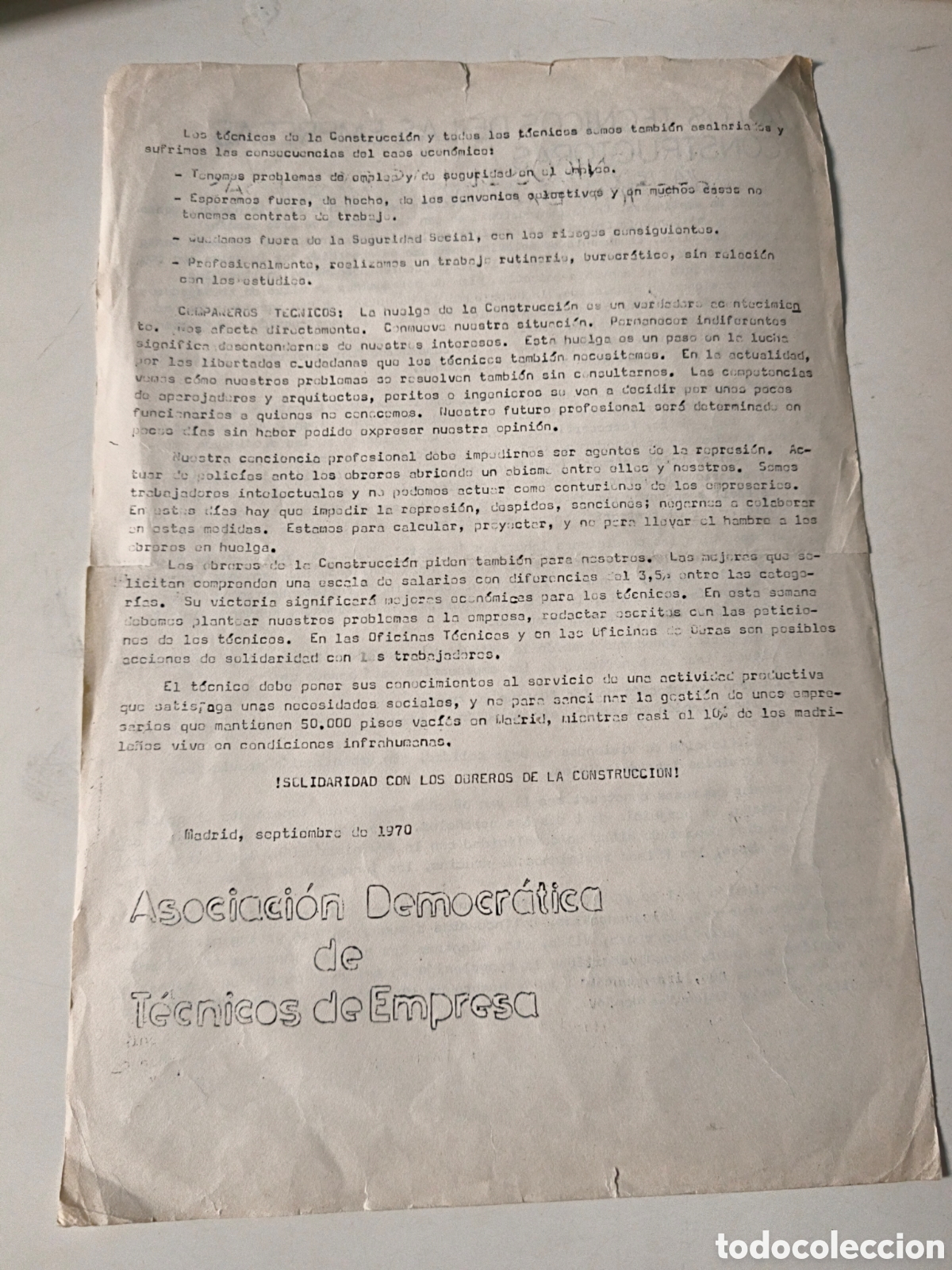 Documentos antiguos: Documentos Pol&iacute;ticos: A los t&eacute;cnicos de las empresas constructoras. 1970 - Foto 2
