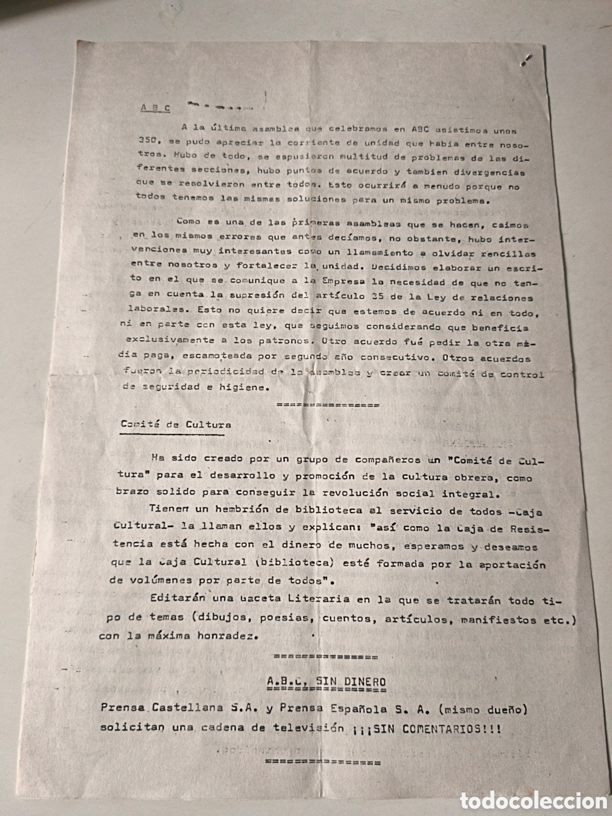 Documentos antiguos: Documento Pol&iacute;tico: ABC sin dinero. Hoja informativa 1976. - Foto 2