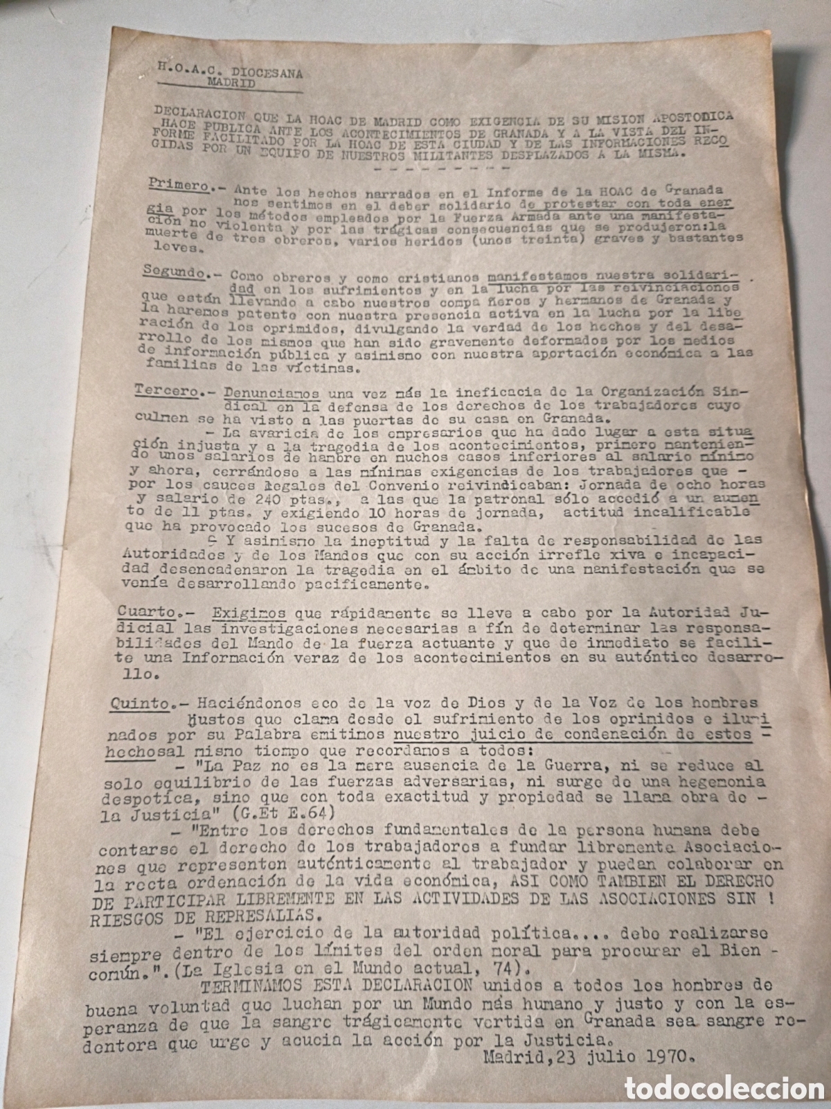Documentos antigos: Documento Pol&iacute;tico: H.O.A.C diocesana Madrid. 1970