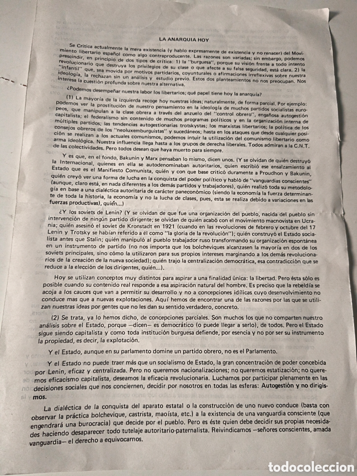 Documentos antigos: Documento Pol&iacute;tico: La anarqu&iacute;a hoy. A&ntilde;os 70