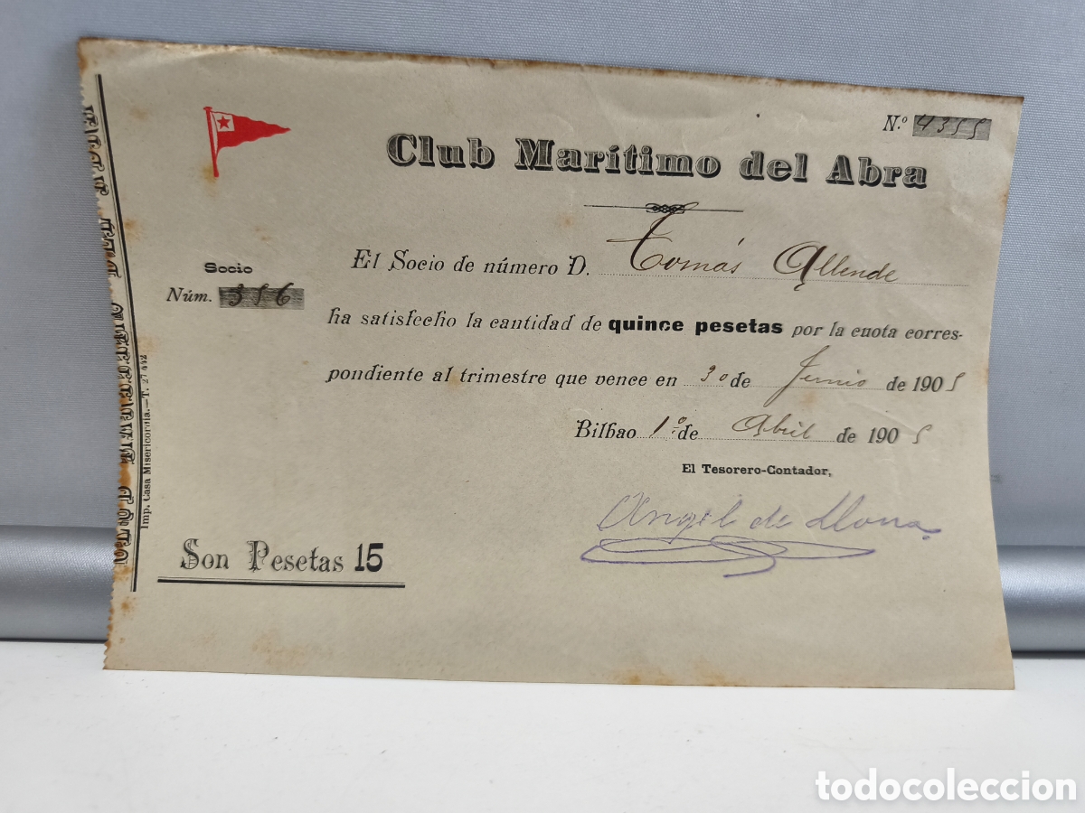 Documentos antigos: CLUB MAR&Iacute;TIMO DEL ABRA. PAGO CUOTA DE SOCIO. BILBAO 1905.