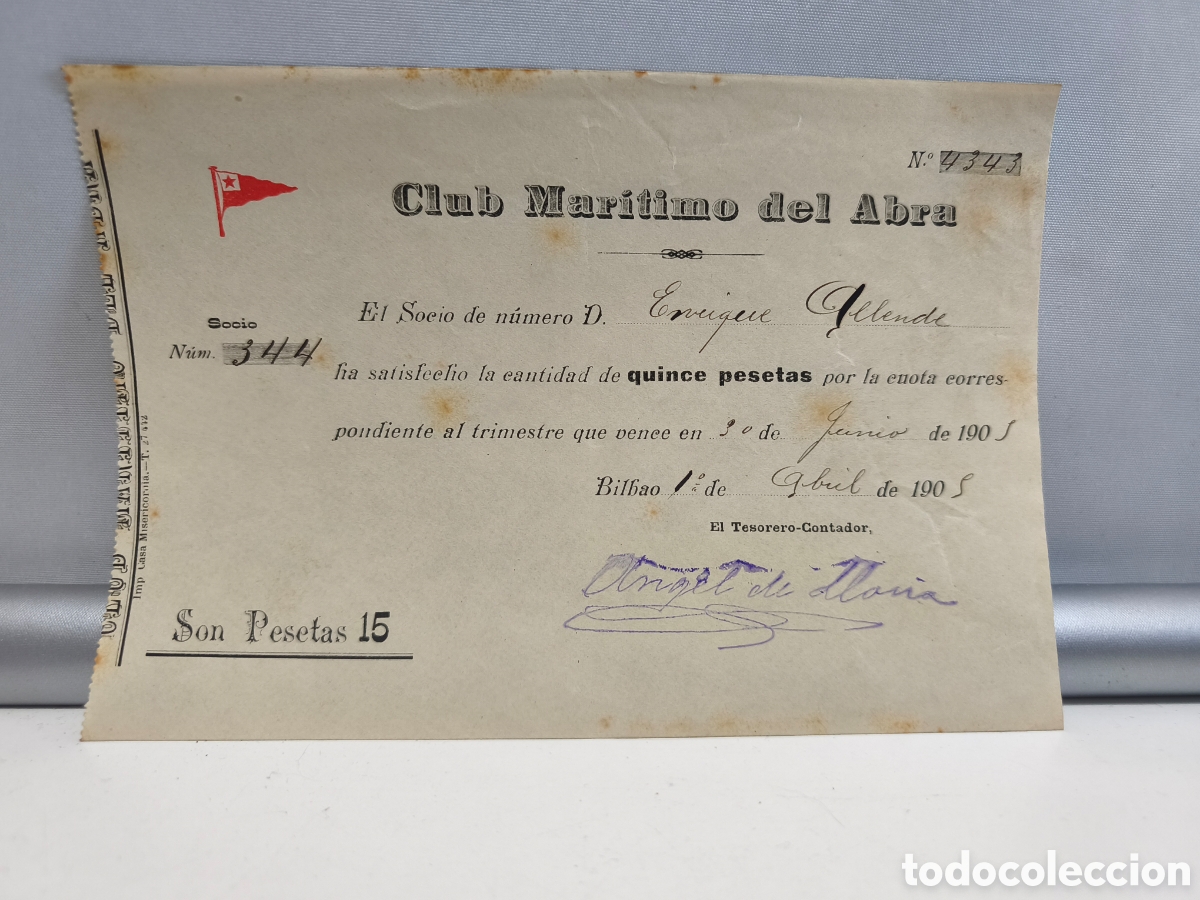 Documentos antiguos: CLUB MAR&Iacute;TIMO DEL ABRA. PAGO CUOTA DE SOCIO. BILBAO 1905