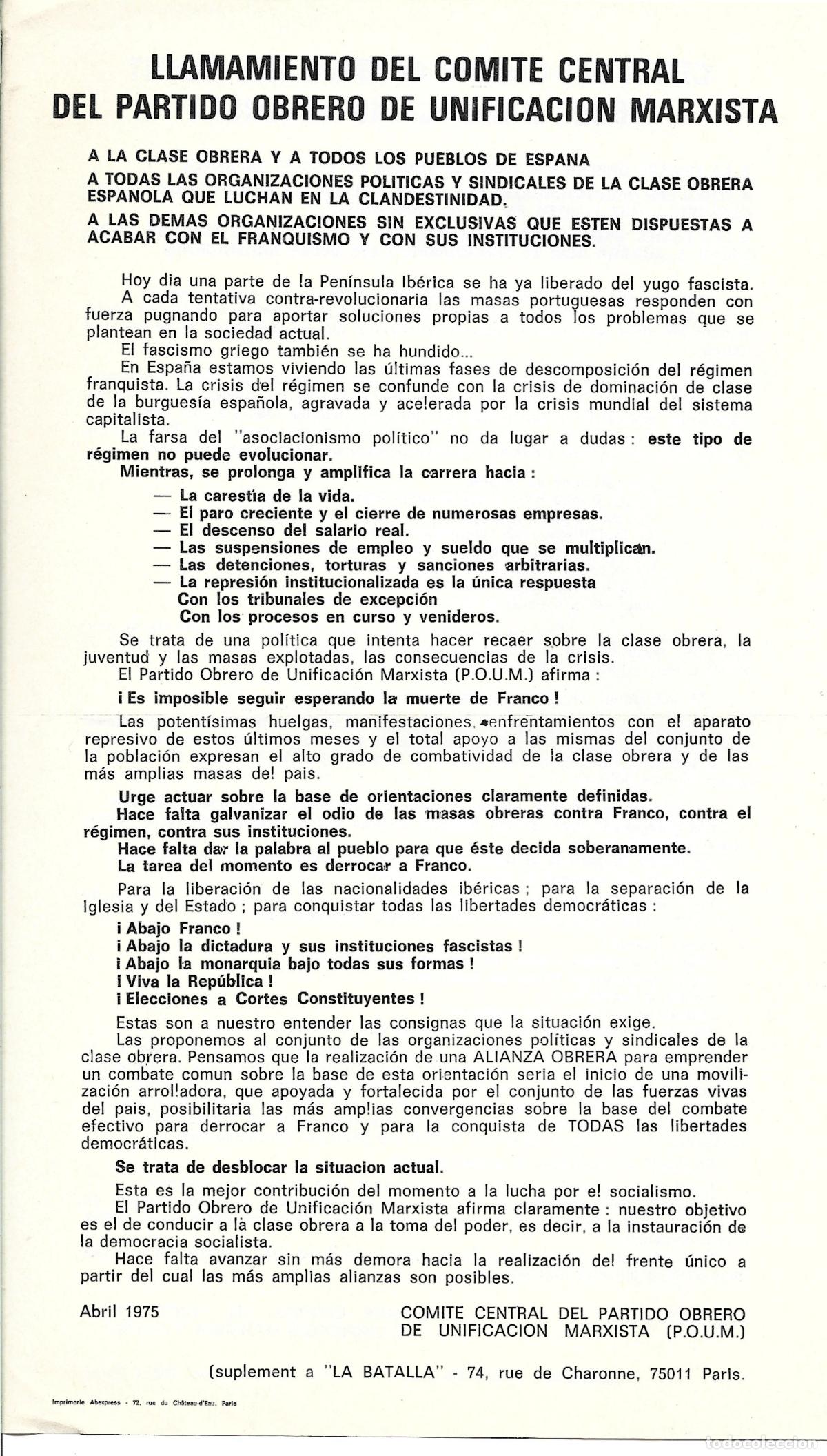 Documentos antiguos: TRANSICION-LLAMAMIENTO DEL COMITE CENTRAL DEL P.O.U.M.&Aacute;BRIL DE 1975-SUPLEMENTO DE LA BATALLA