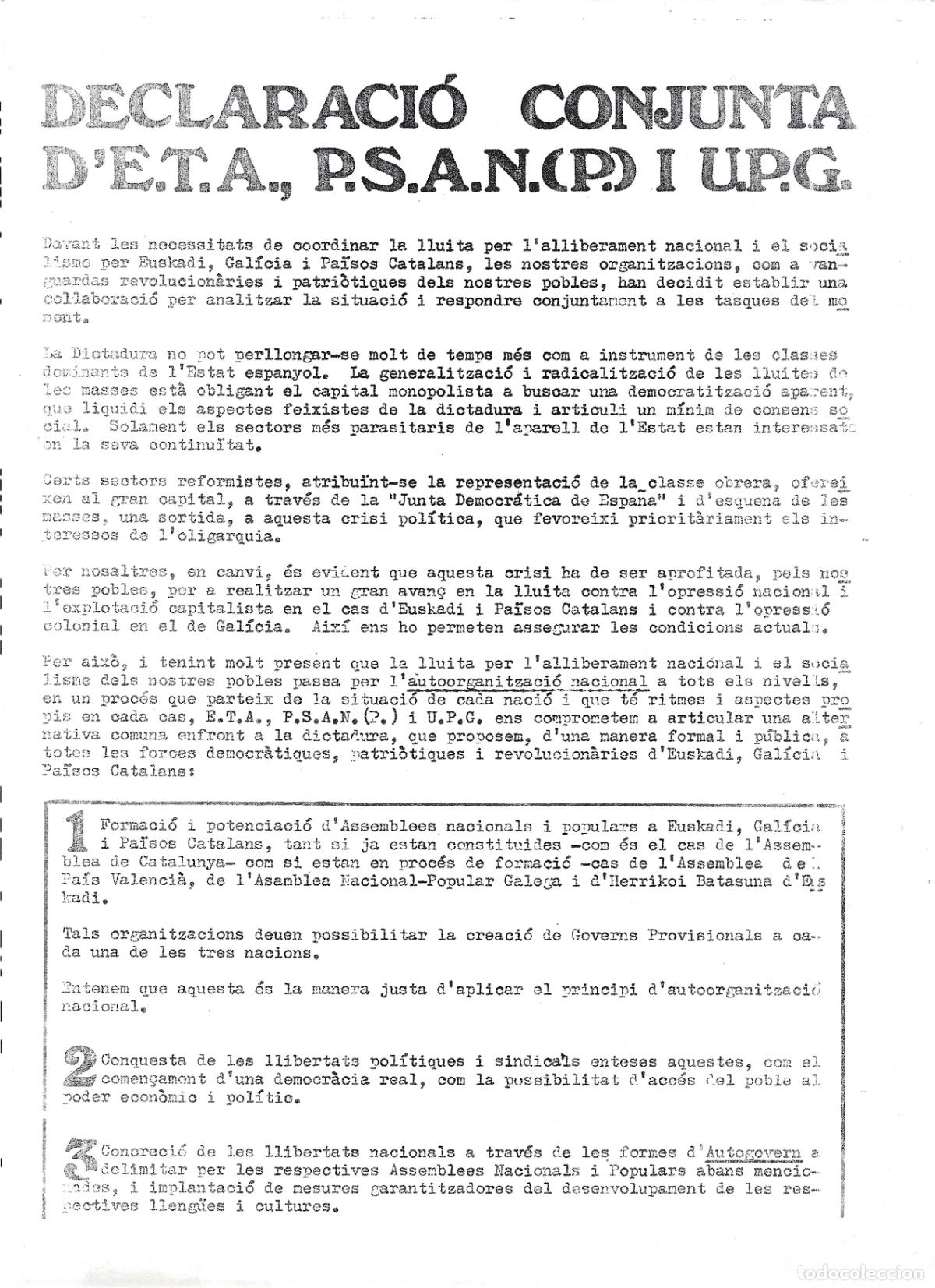 Documentos antiguos: TRANSICION-DECLARACI&Oacute; CONJUNTA D`E.T.A.-P.S.A.N.(p)-PRIMERO DE MAYO DE 1975-IMPRESO A DOBLE CARA