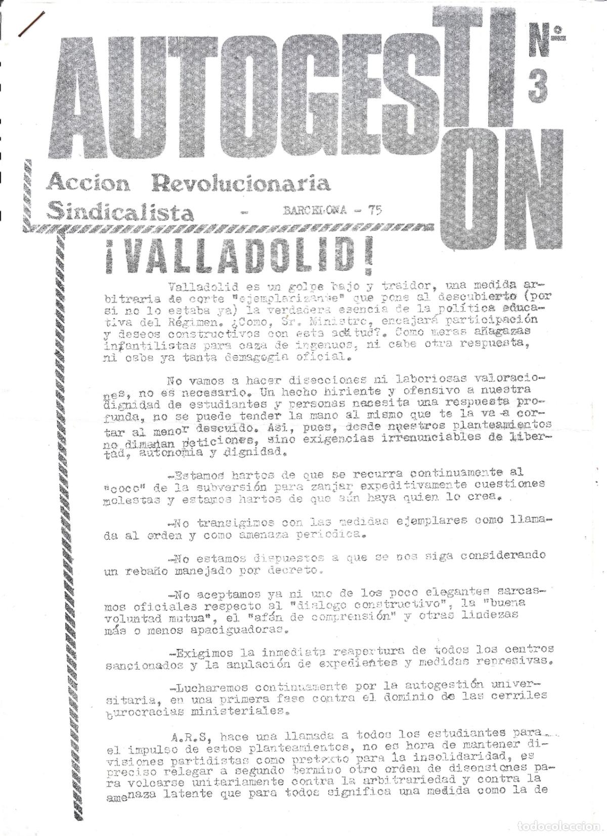 Documentos antiguos: TRANSICION-AUTOGESTION N&ordm; 3 ORGANO DE ACCION REVOLUCIONARIA SINDICALISTA-BARCELONA 1975