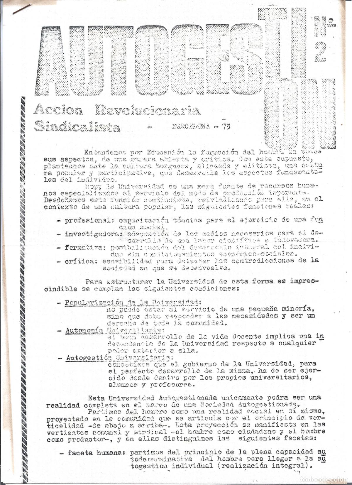 Documentos antiguos: TRANSICION-AUTOGESTION N&ordm; 2 ORGANO DE ACCION REVOLUCIONARIA SINDICALISTA-BARCELONA 1975