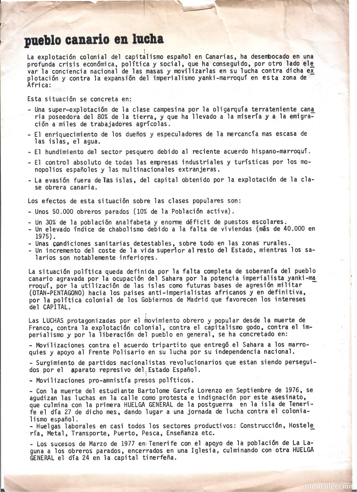 Documentos antiguos: TRANSICION-PUEBLO CANARIO EN LUCHA-HOJA INFORMATIVA DE EL PUEBLO CANARIO EN LUCHA-A&Ntilde;O 1977