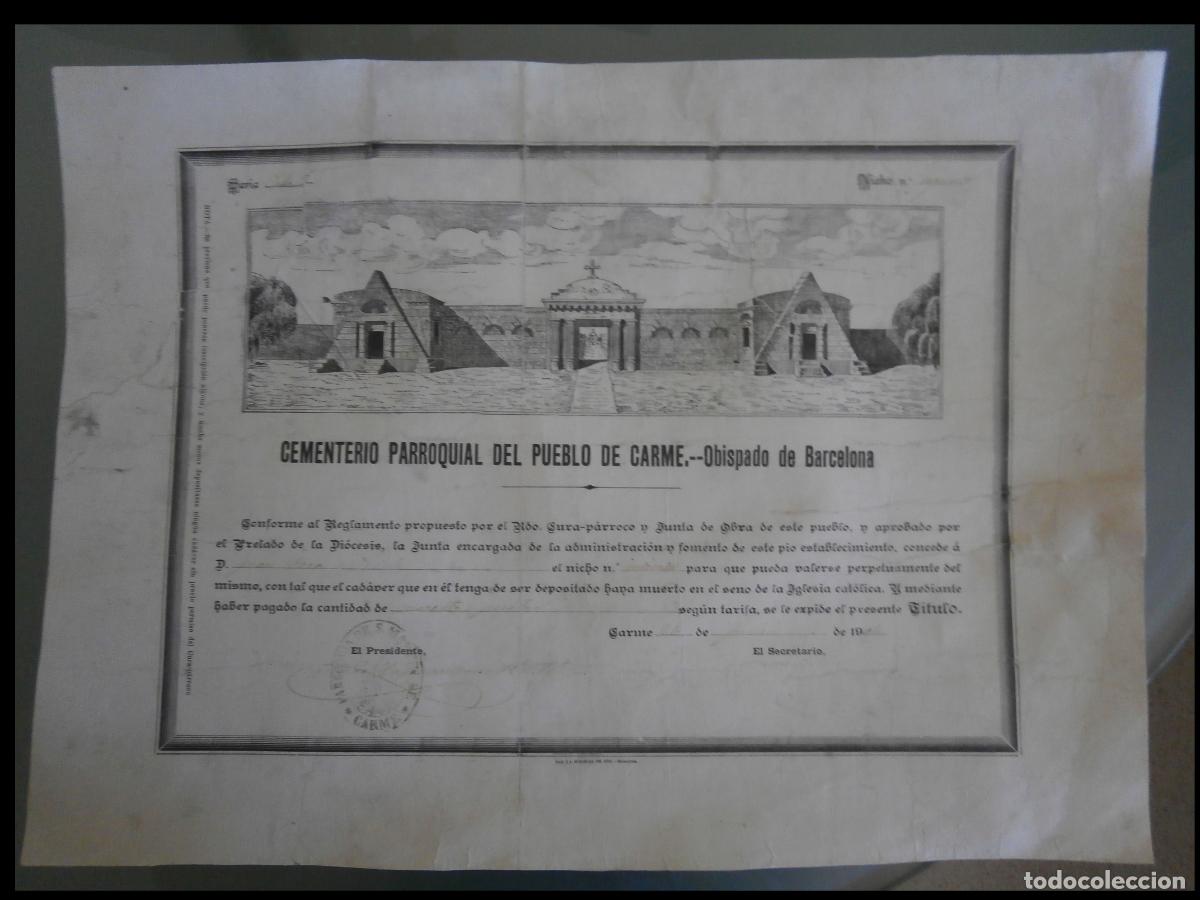 Documentos antiguos: Titulo de Propiedad en el Cementerio Parroquial del Pueblo de Carme. Obispado de Barcelo