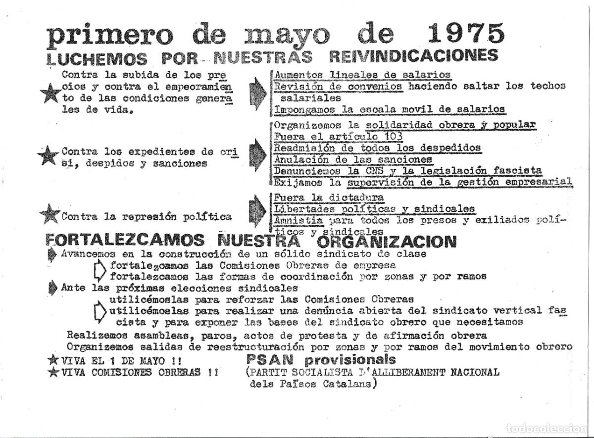 Documentos antiguos: TRANSICION-RARA OCTAVILLA DEL P.S.A.N. provisionals- 1&ordm; DE MAYO 1975-DOBLE CARA CASTELLANO- CATAL&Agrave;