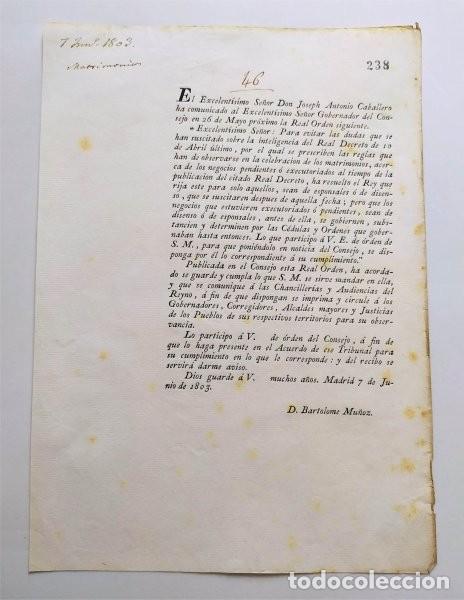 Documentos antiguos: Impreso tratante de la Real Orden sobre Matrimonios. Madrid, 7 de julio de 1803