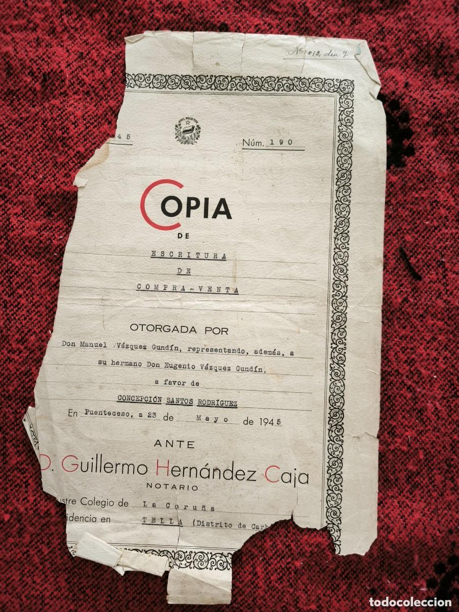 Documentos antiguos: Copia De Escritura De Compraventa Notarial De 1945 Puenteceso Documento Hist&oacute;rico Original