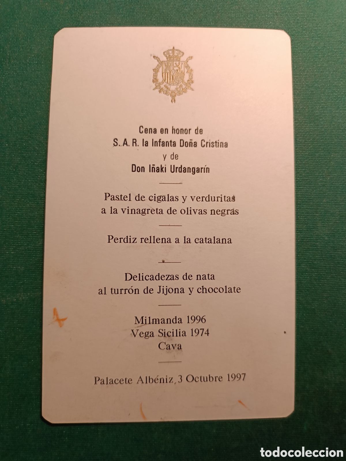 Documentos antigos: MEN&Uacute; DE BODA REAL - AUTENTICO - INFANTA CRISTINA E I&Ntilde;AKI URDANGAR&Iacute;N