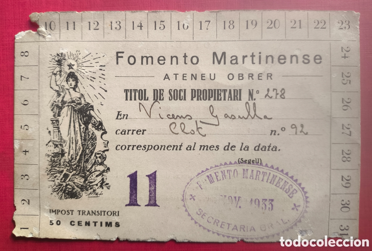 Documentos antiguos: BARCELONA BARRI SANT MART&Iacute; CARNET T&Iacute;TOL SOCI PROPIETARI FOMENTO MARTINENSE ATENEU OBRER 1933