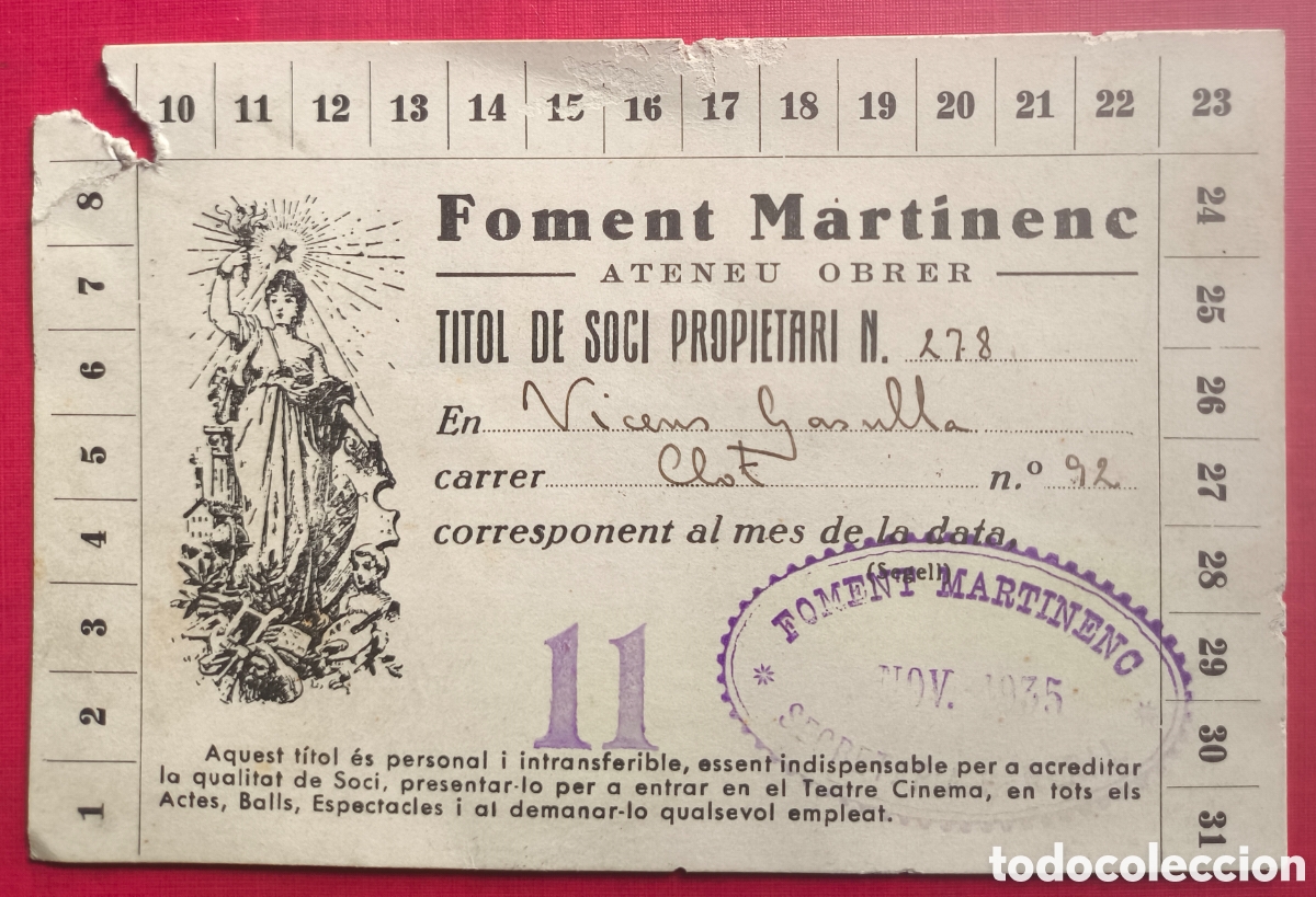 Documentos antiguos: BARCELONA BARRI SANT MART&Iacute; CARNET T&Iacute;TOL SOCI PROPIETARI FOMENT MARTINENC ATENEU OBRER 1935