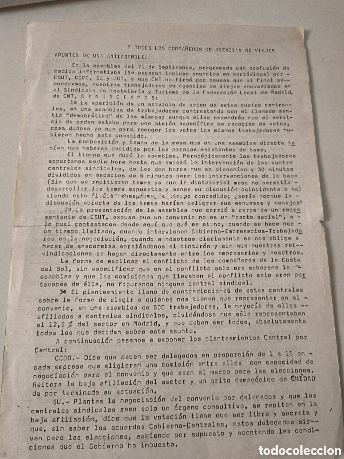 Documentos antiguos: Documento Pol&iacute;tico: A todos los compa&ntilde;eros de agencias de viajes. A&ntilde;os 70. Anarquismo
