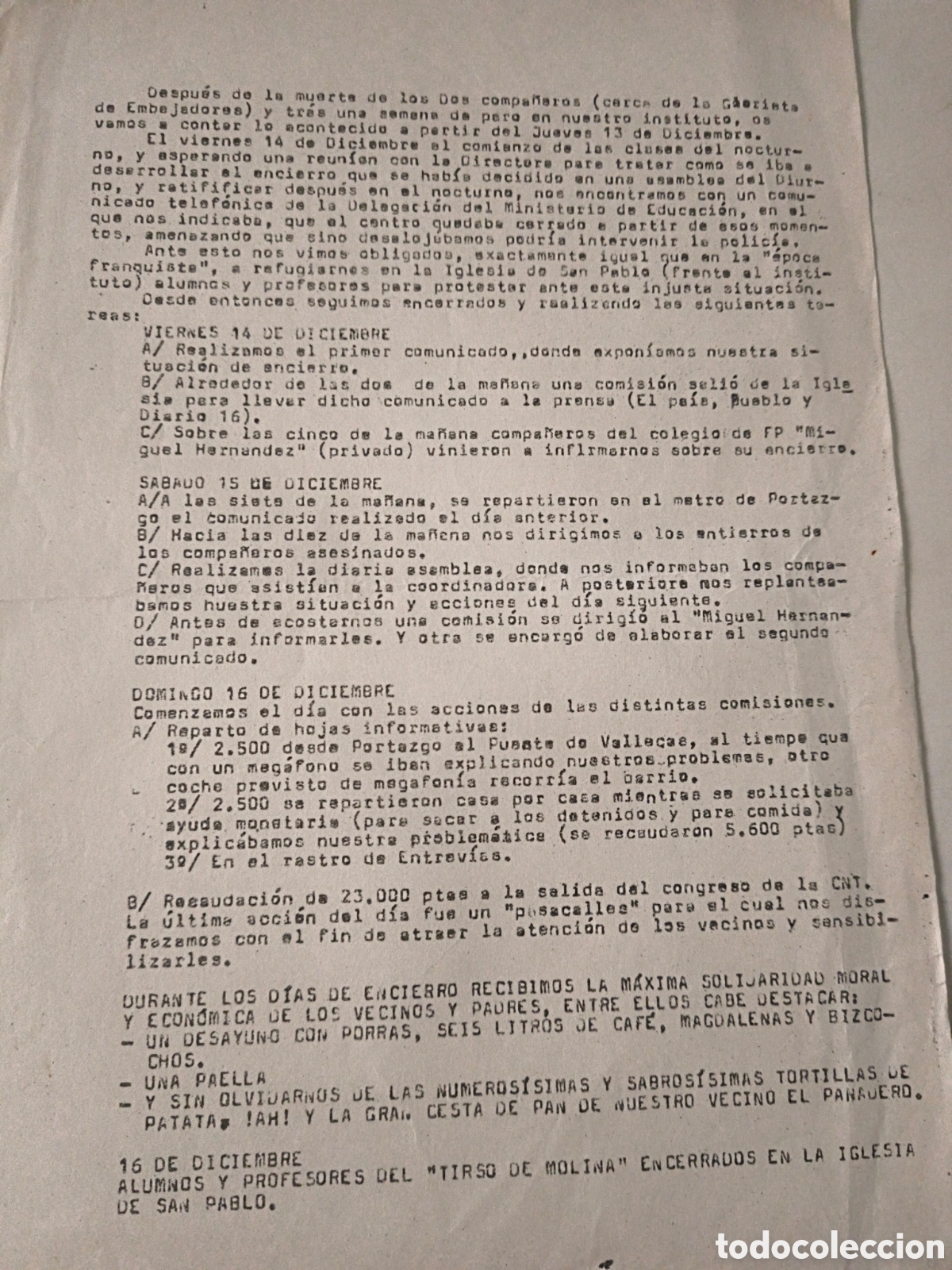 Alte Dokumente: Panfleto politico: Encierro de profesores y alumnos Tirso de Molina. 1979