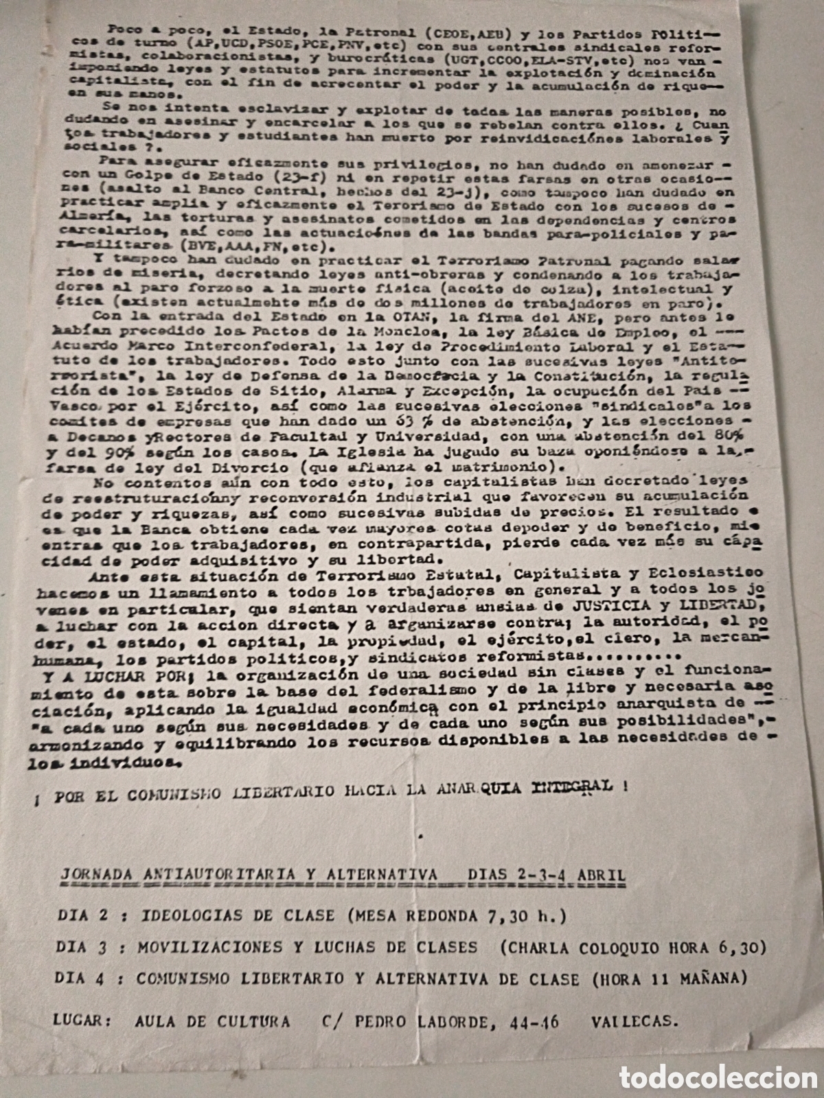 Alte Dokumente: Panfleto Politico: Comunismo Libertario. Vallecas. 1977