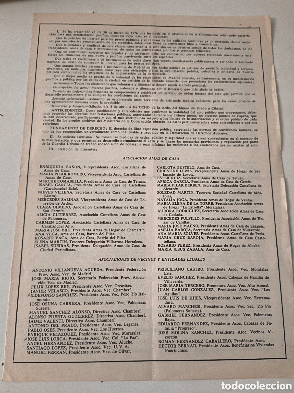 Documentos antigos: Panfleto politico: Petici&oacute;n de manifestaci&oacute;n. 1976.