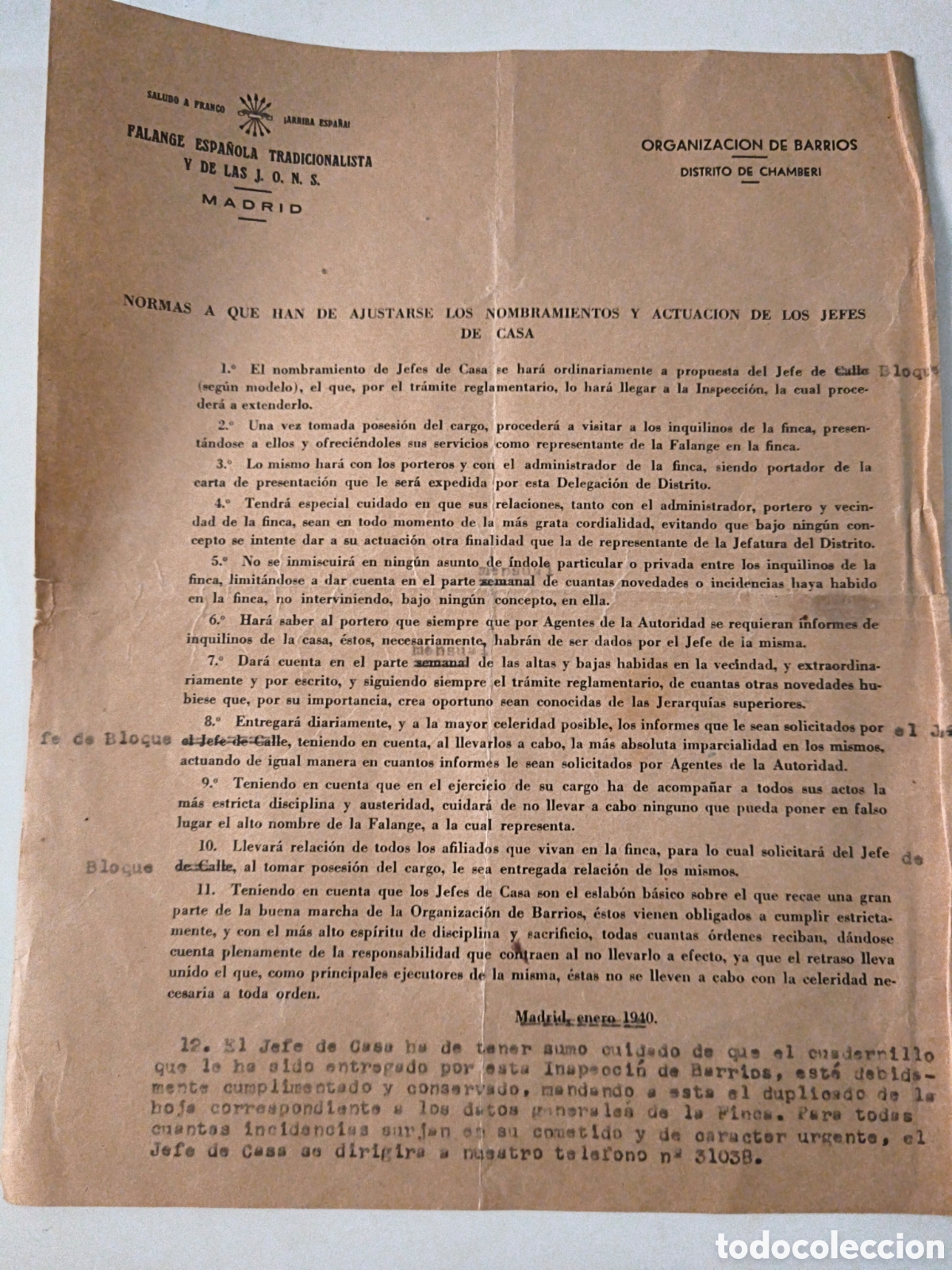 Documentos antiguos: Documento Falange Espa&ntilde;ola Tradicionalista. 1940. - Foto 1