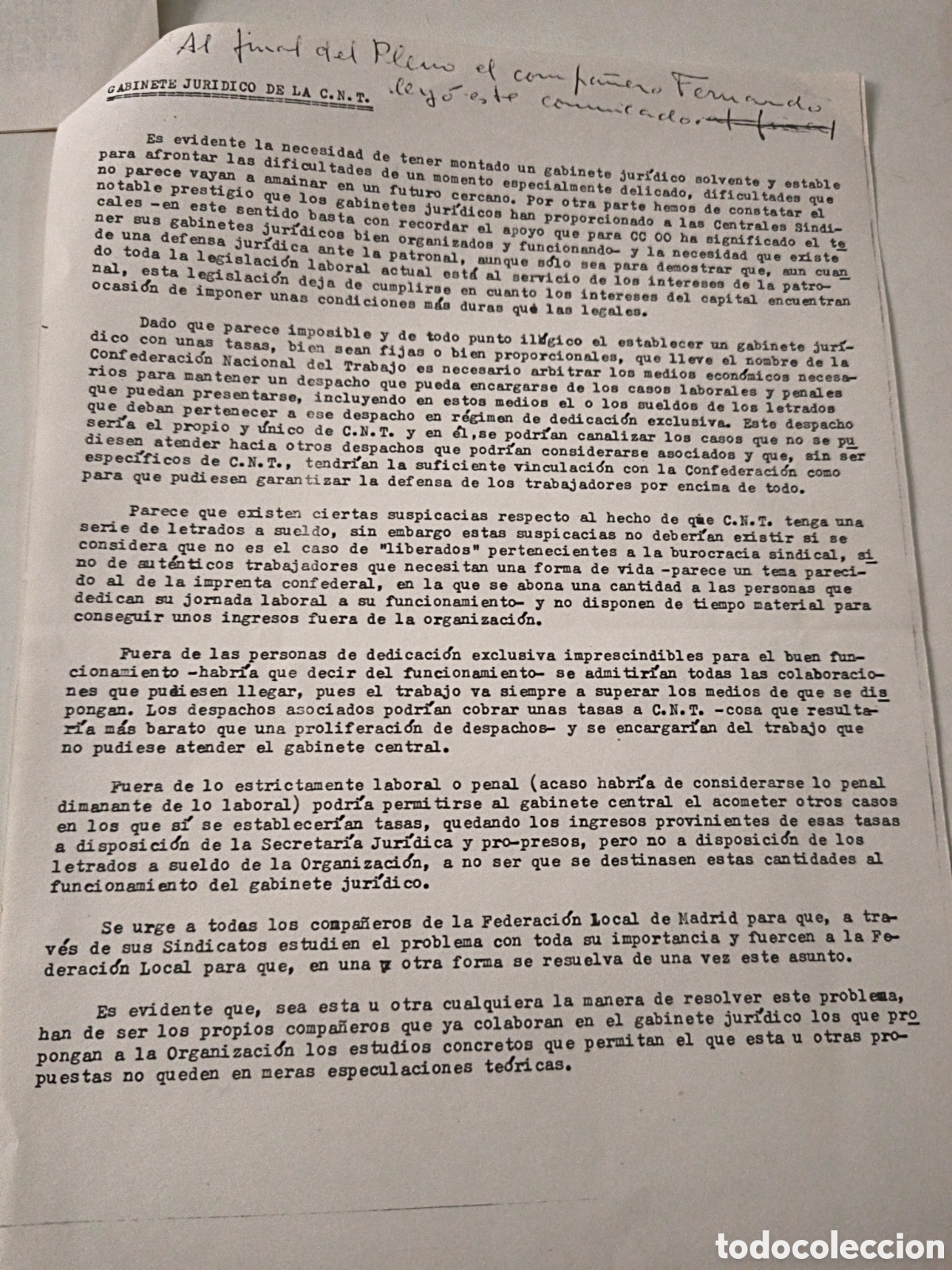 Documentos antiguos: Documento Acta pleno Sindicato Artes. CNT. 1977. - Foto 2