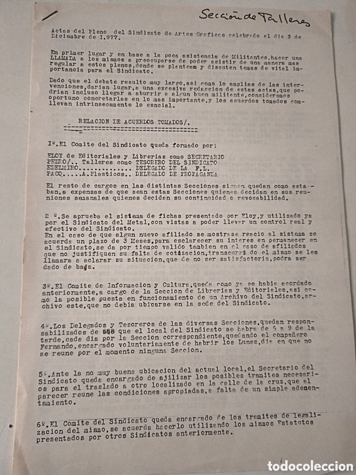 Documents Anciens: Documento Acta pleno Sindicato Artes. CNT. 1977.