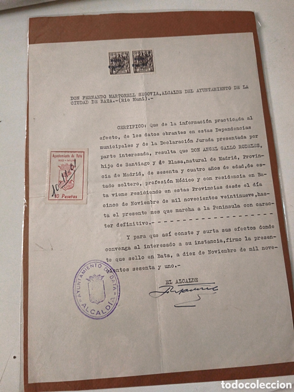Documents Anciens: Documento Pol&iacute;tico: Certificado del Ayuntamiento de Bata. 1961. Guinea Ecuatorial
