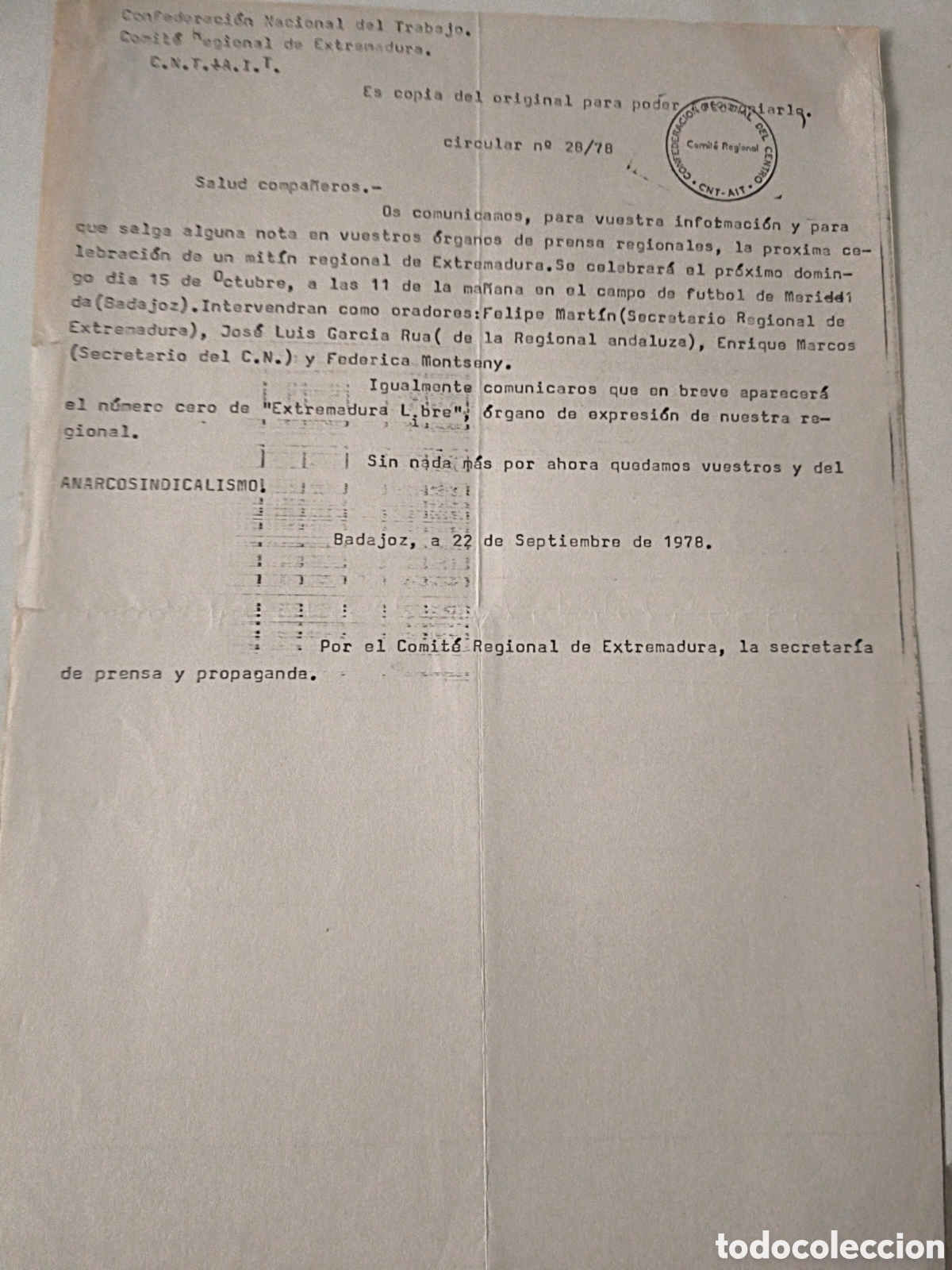 Old Documents: Documento Pol&iacute;tico: CNT. Circular 1978.