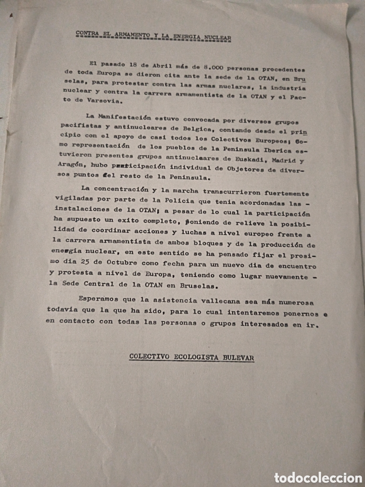 Documenti antichi: Documento Pol&iacute;tico: Contra el armamento y la energ&iacute;a nuclear. Colectivo El Bulevar. 1977.