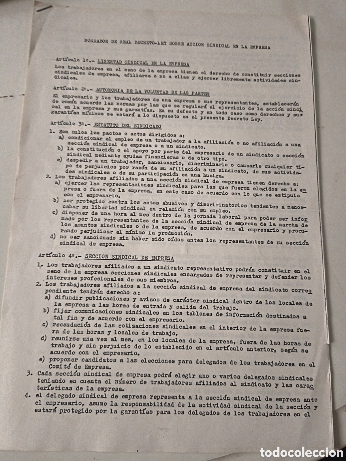 Documenti antichi: Documento Pol&iacute;tico: Borrador de Real Decreto Ley Accion Sindical.