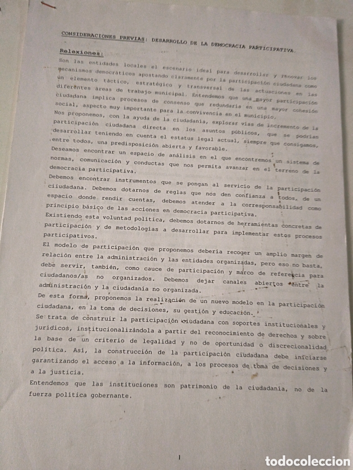 Documenti antichi: Documento fotocopia Consideraciones previas Desarrollo de la democracia participativa