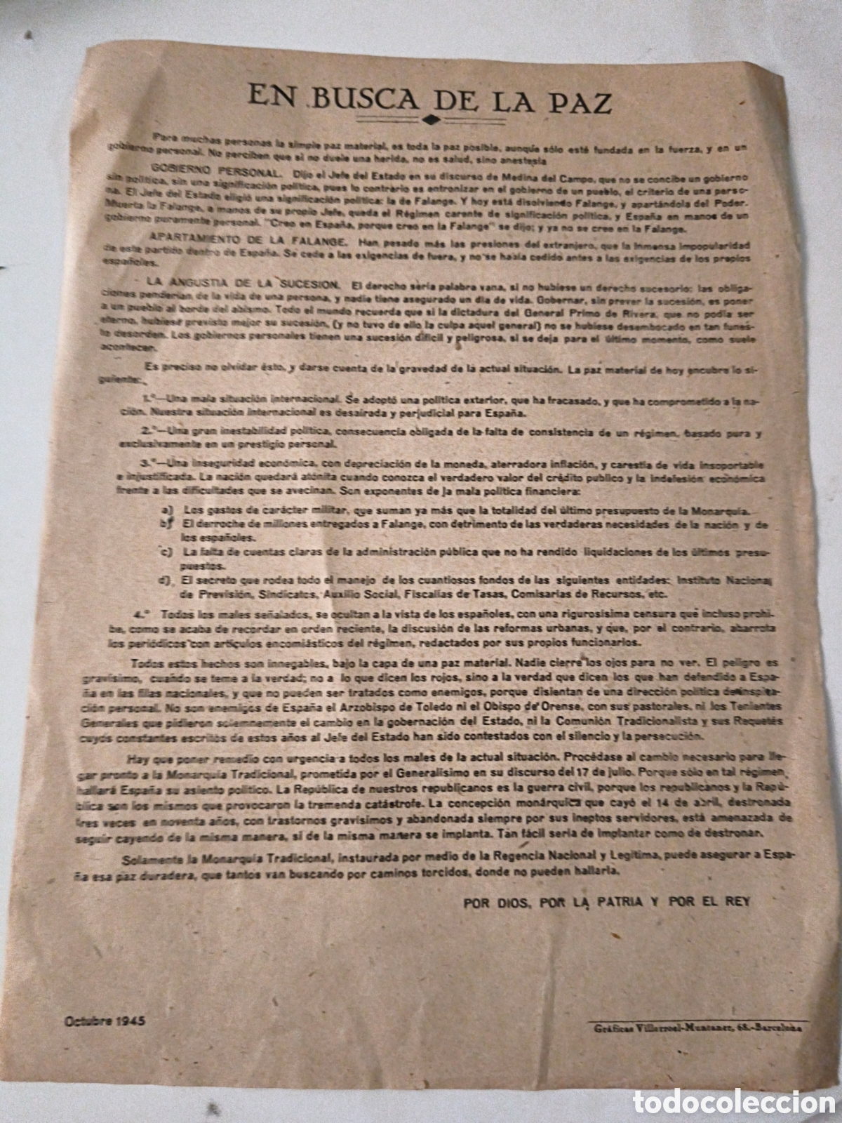 Documenti antichi: Documento Pol&iacute;tico: En busca de la paz. Octubre 1945. Carlismo.