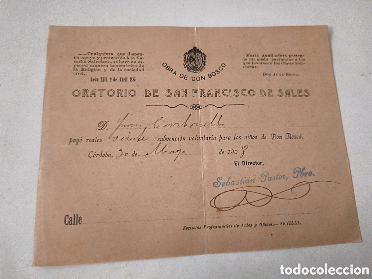 Documentos antiguos: Recibo Oratorio de San Francisco de Sales. 1908.