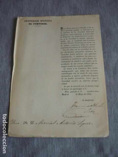 Documentos antiguos: SOCIEDAD MINERA DEL PORVENIR ASTURIAS MIERES Y LENA CARTA 1851 COMISION DE SOCIOS